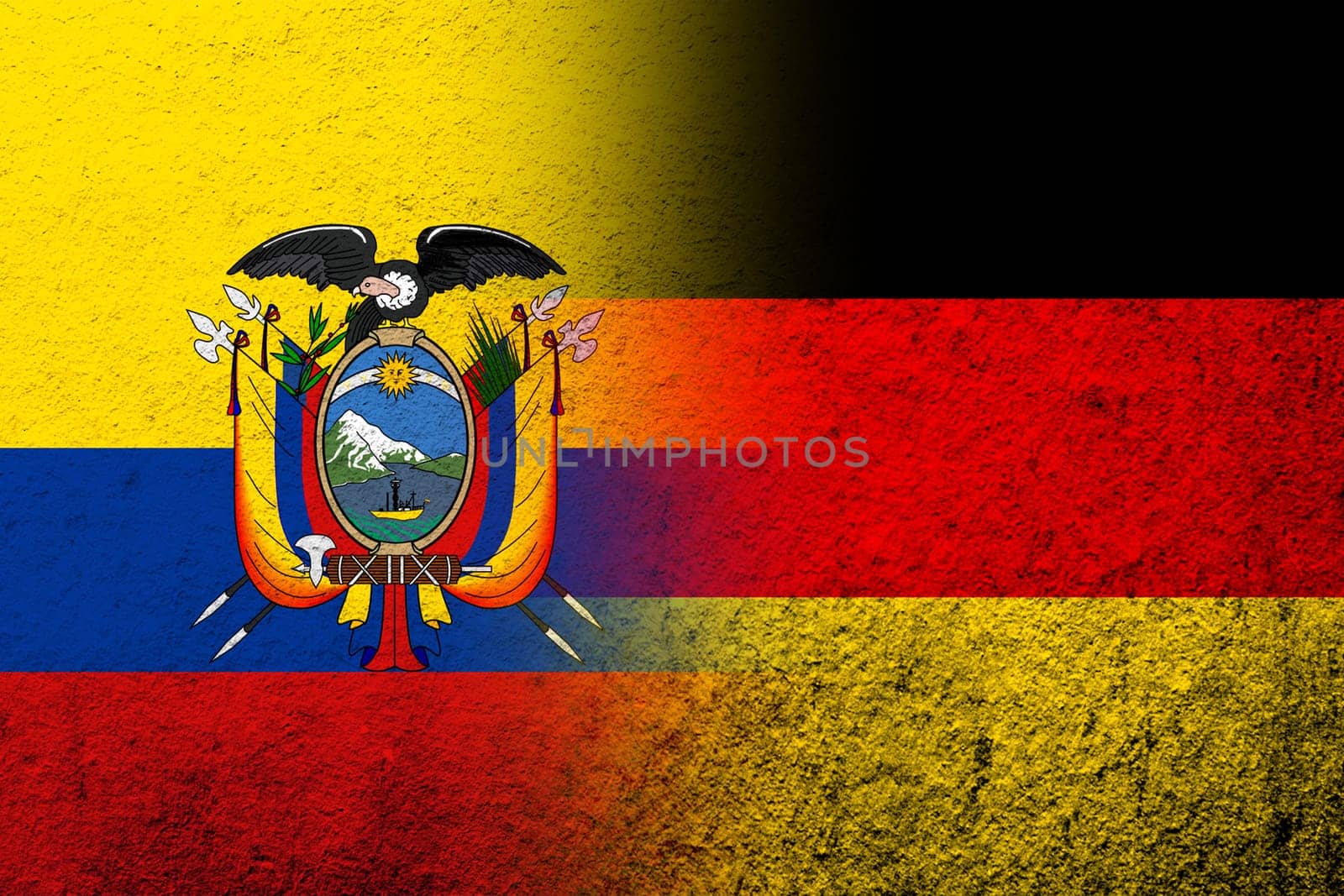 The national flag of Germany with the Republic of Ecuador National flag. Grunge background