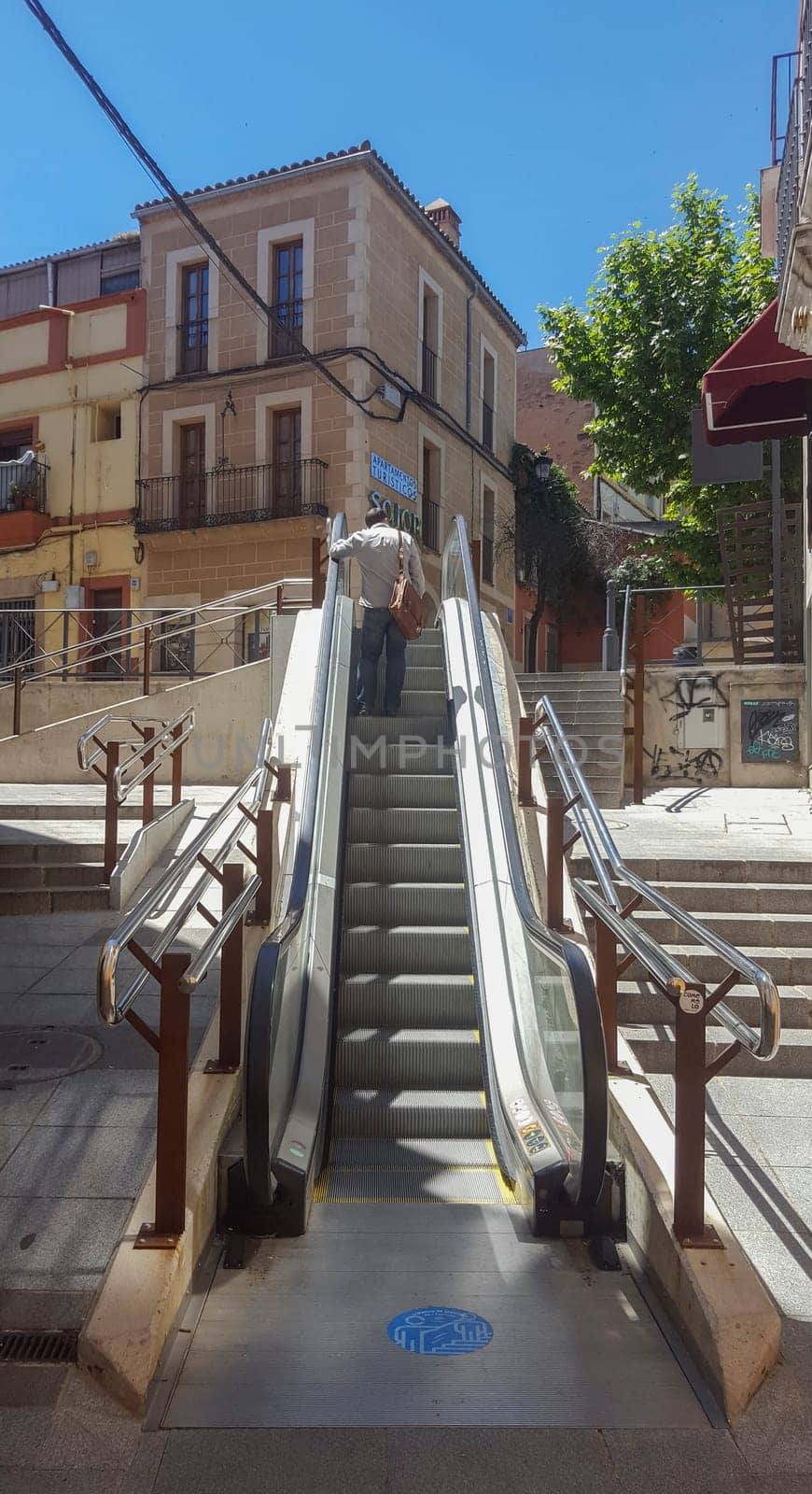 Caceres, Spain - May 21st, 2021: Alzapiernas scalator at Caceres downtown, Extremadura, Spain