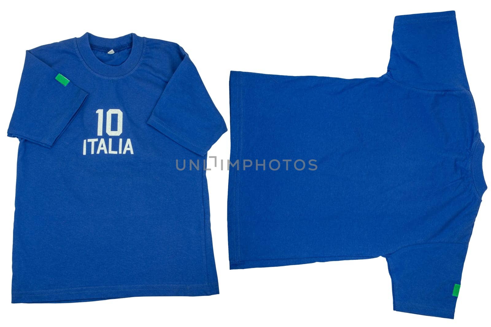 Blue t-shirt for kids. Soccer or polo shirt with the inscription italia and the number ten. Isolated on white background. Summer fashion kids. Front and Back view.