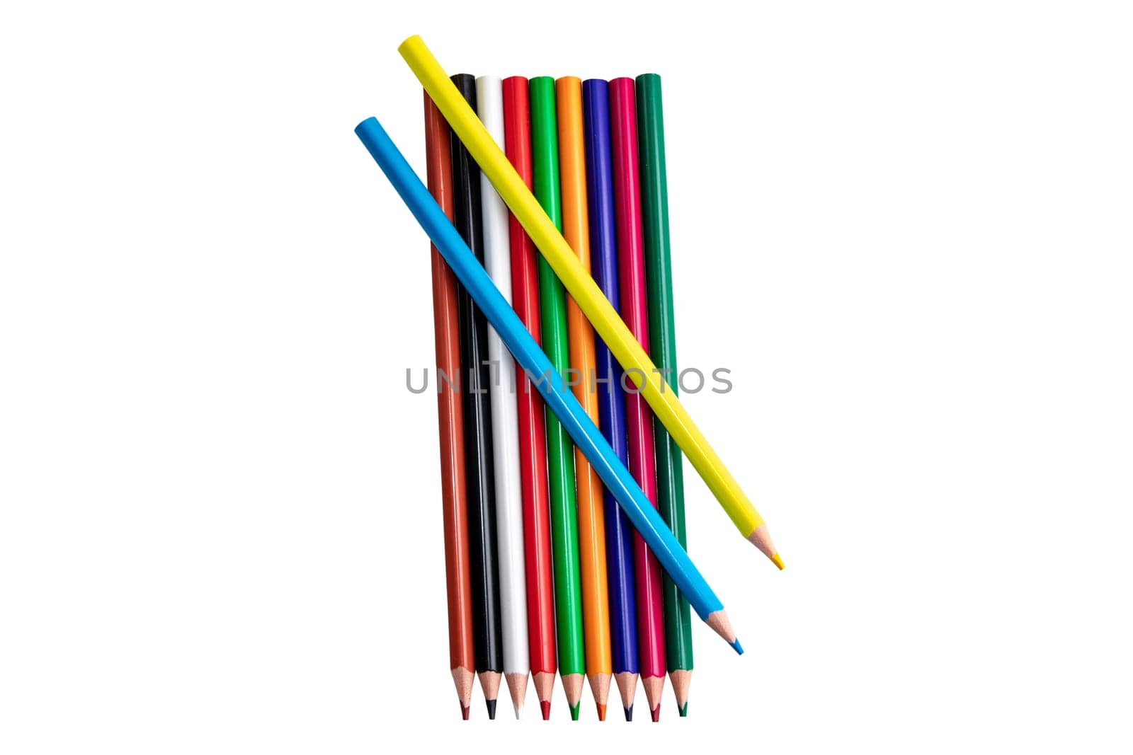 Eleven different colored wood pencils or crayons isolated on white background. Back to school and education concept. Clipping path.
