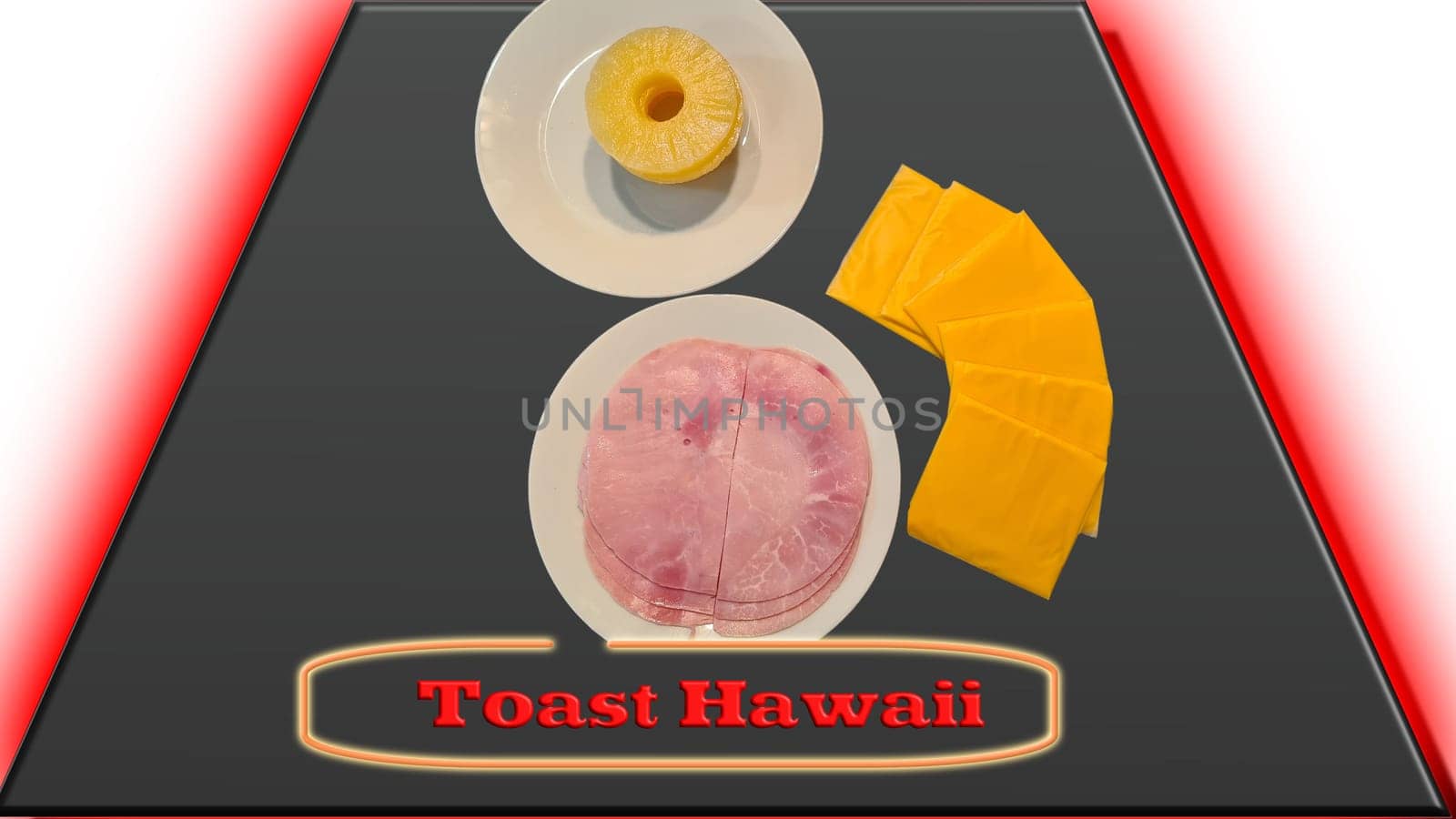 Hawaiian toast with ham, cheese and pineapple on a cutting board on a dark background, horizontal