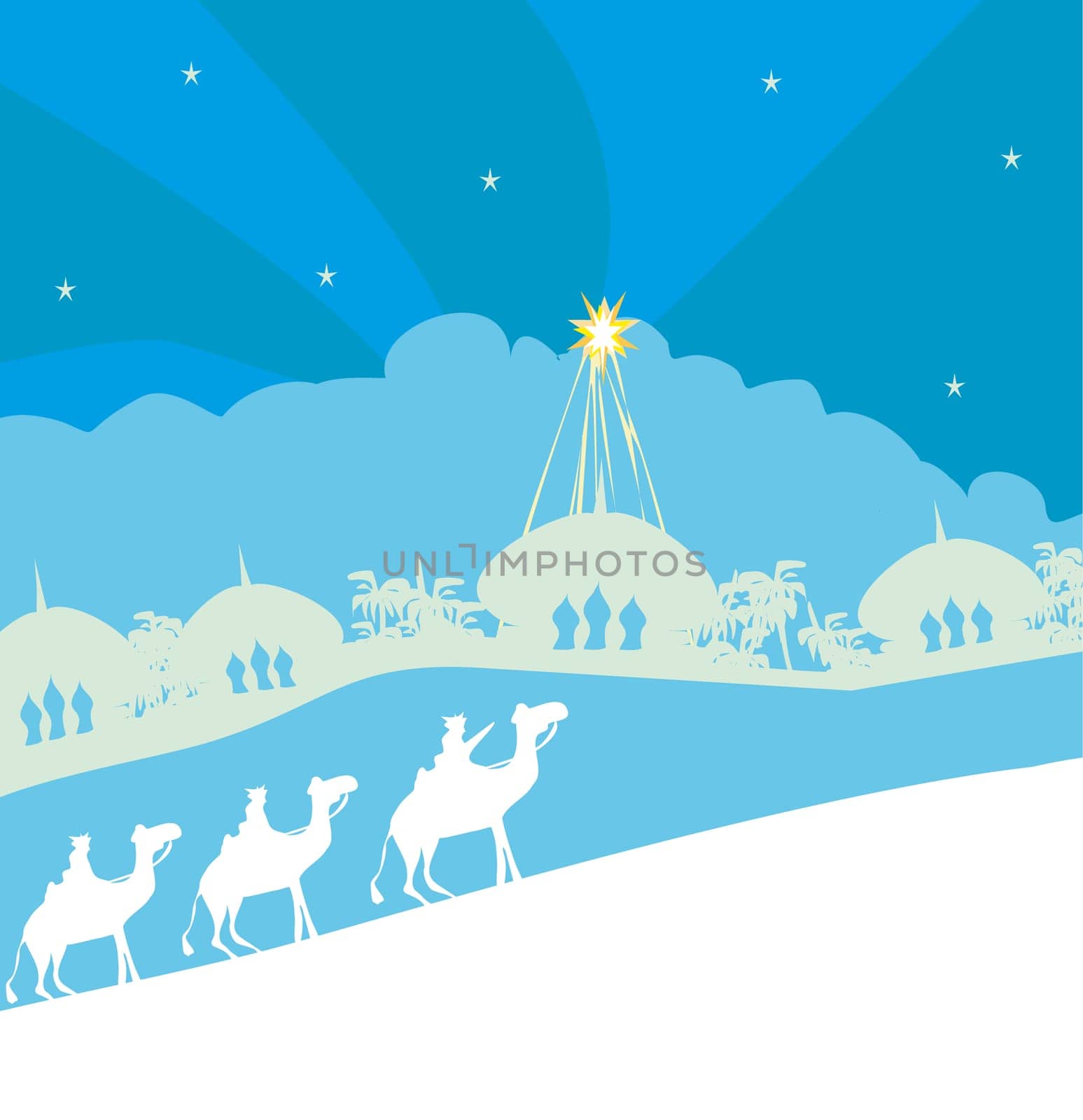 Classic three wise men scene and shining star of Bethlehem