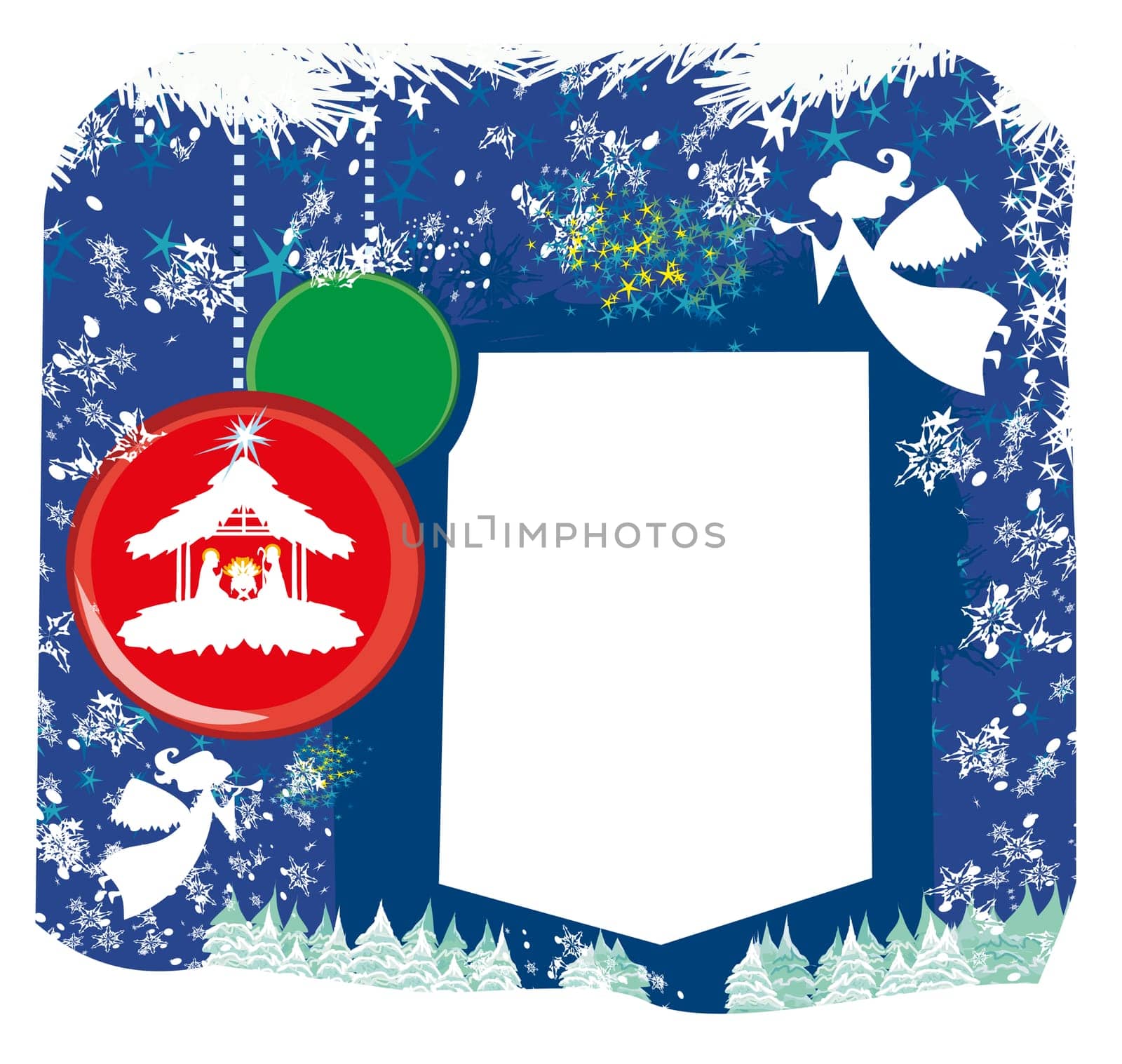 Christian Christmas nativity scene of baby Jesus in transparent ball hanging on abstract background