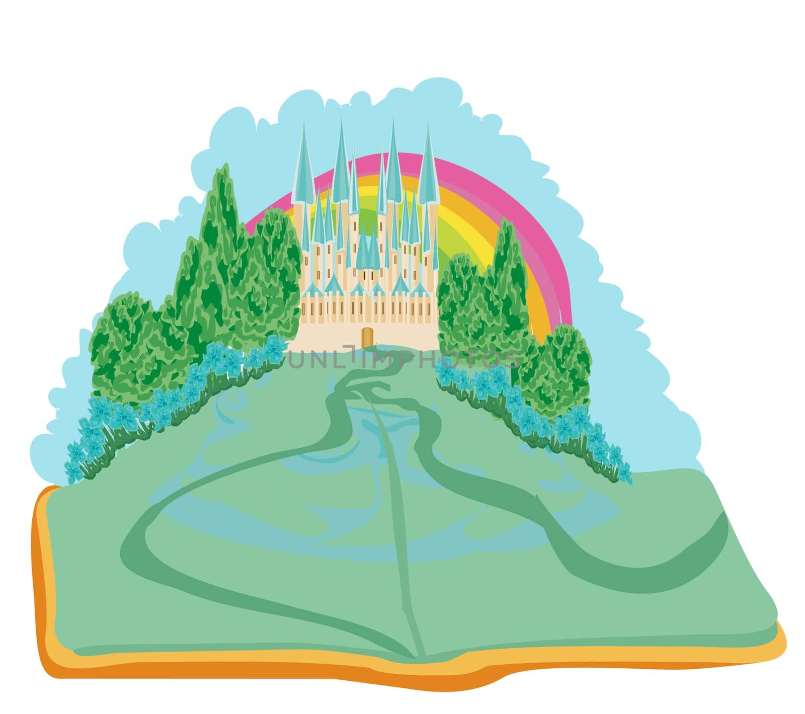 Magic world of tales, fairy castle appearing from the book