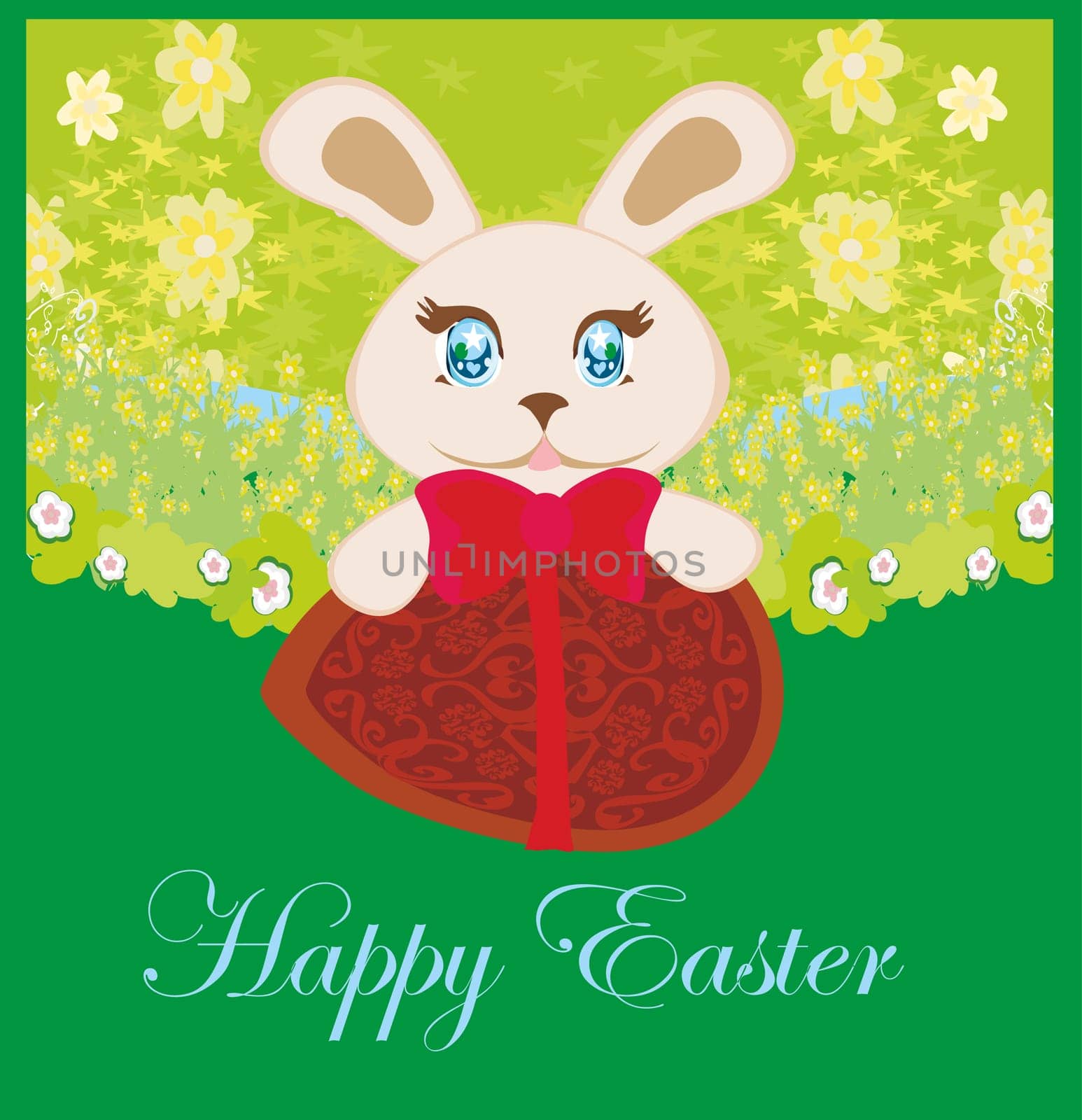 Illustration of happy Easter bunny carrying egg