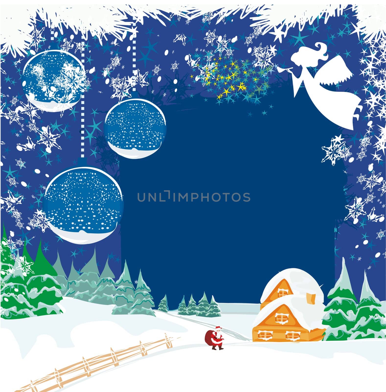 Winter landscape with angels and Santa