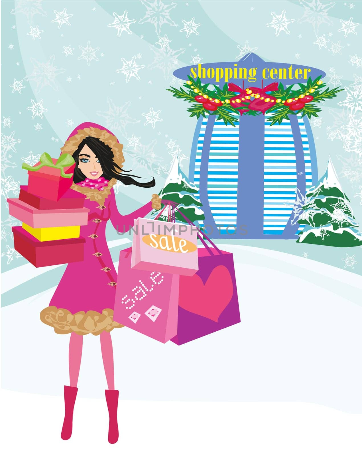 fashion shopping girl with shopping bags and gift box
