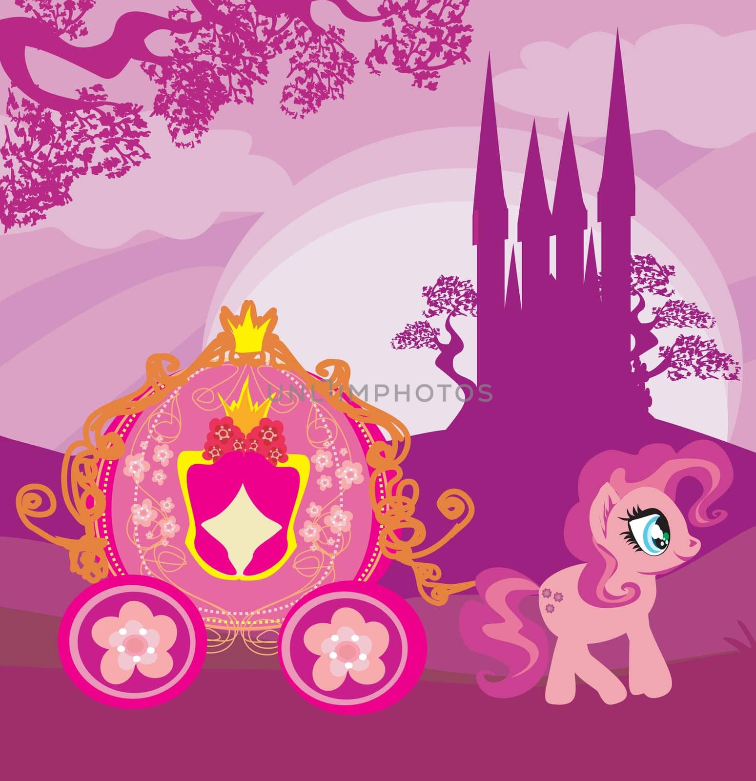 Carriage at sunset. Illustration horse, carriage and a medieval castle.