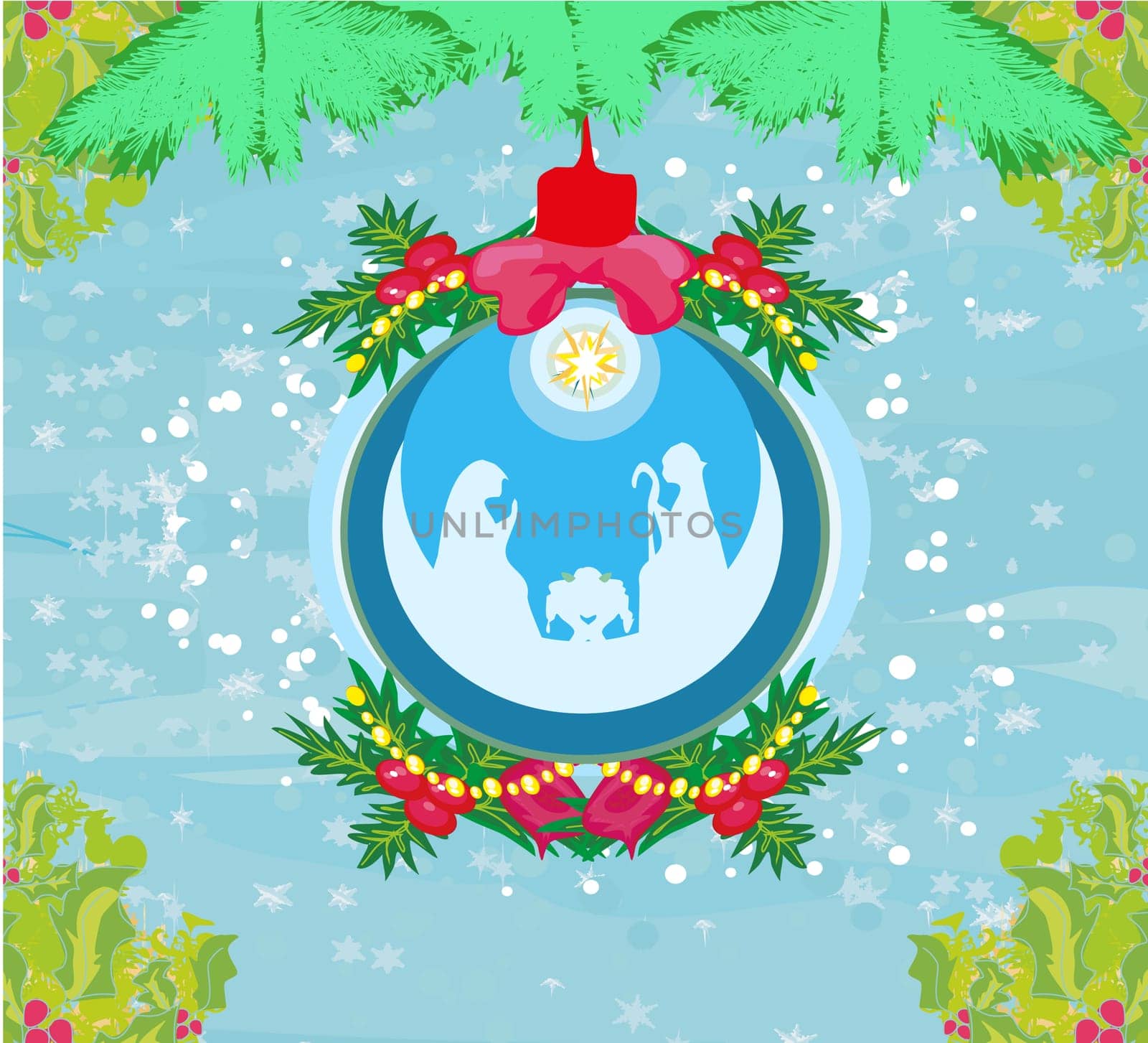 Christian Christmas nativity scene of baby Jesus in transparent ball hanging on abstract background