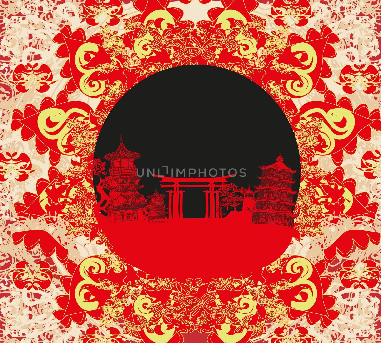 Abstract card with Asian buildings
