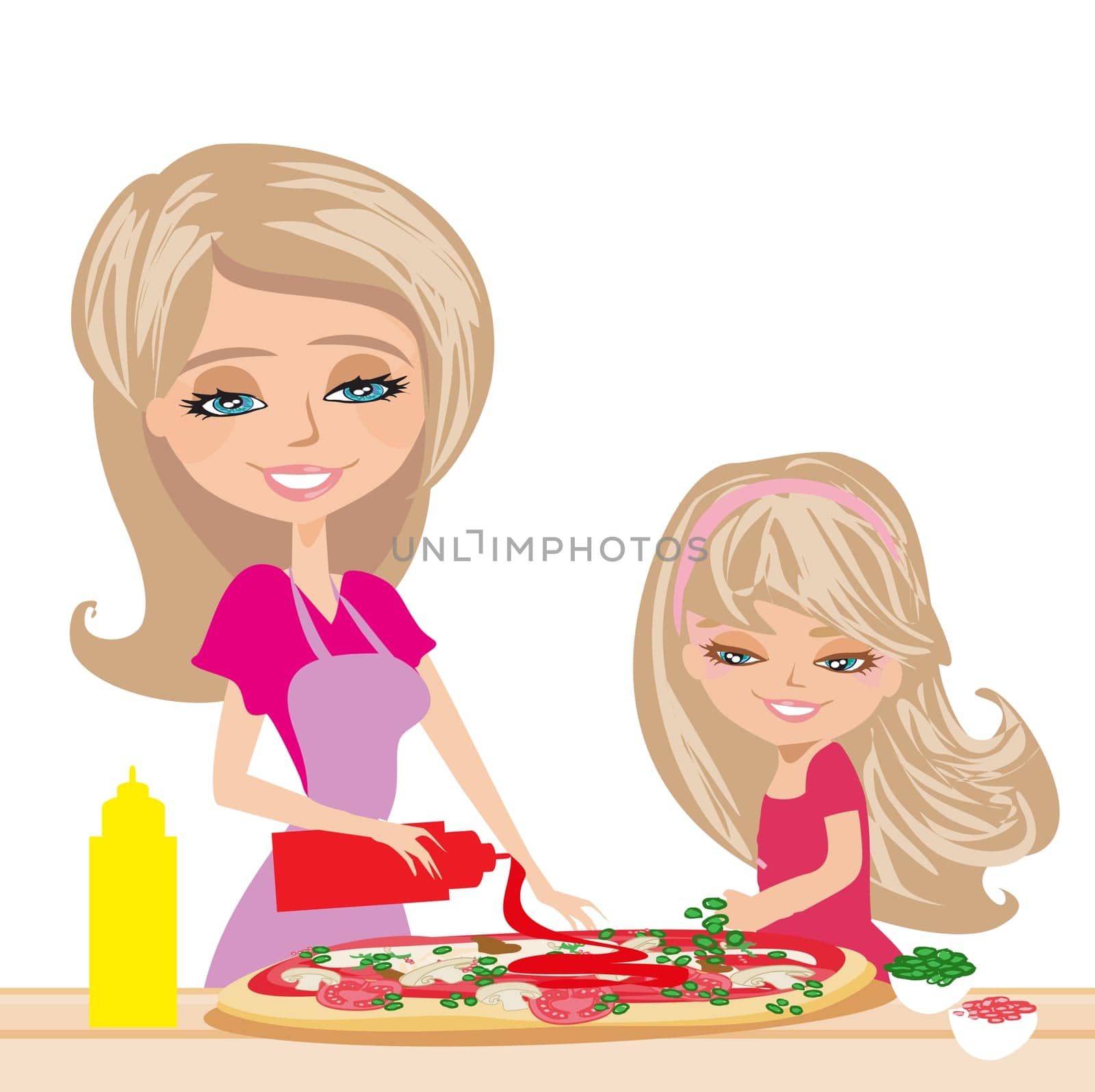 mother with daughter preparing pizzas