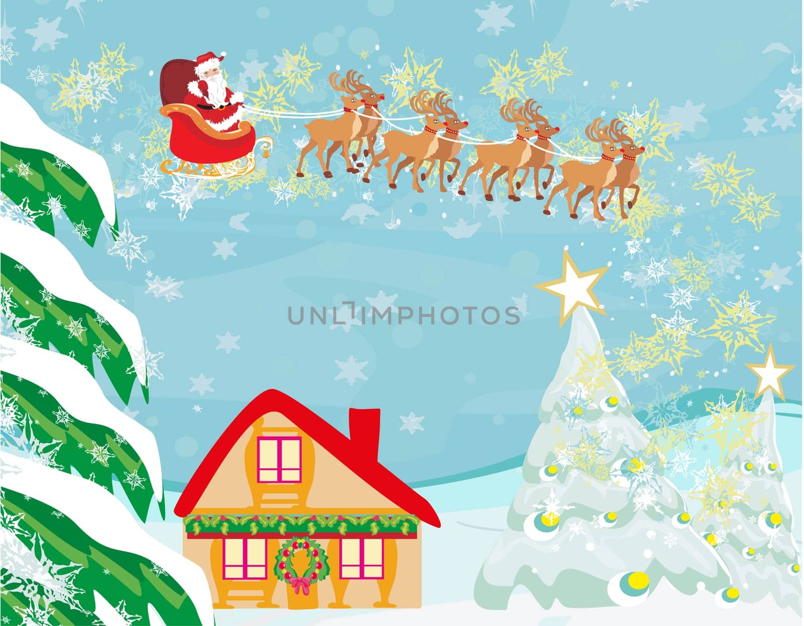 Happy New year card with Santa and winter landscape