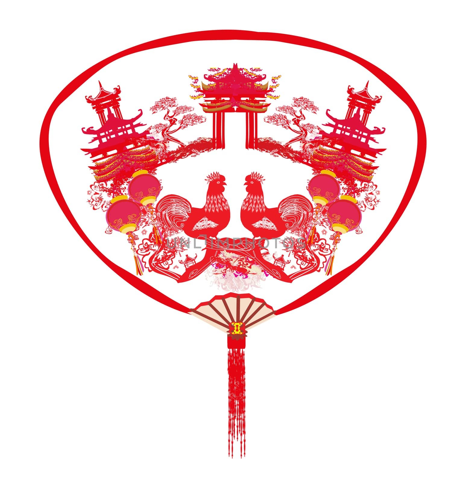 Decorative opened fan with patterns of Year of rooster design for Chinese New Year