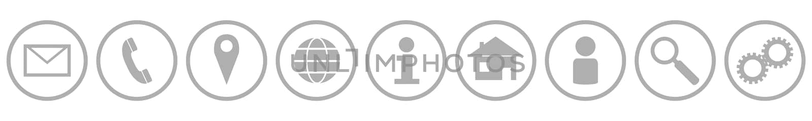 9 grey Business Icons in Circle - Contact, Hotline, Addresse Web, Information, Location, Account, Search and Settings