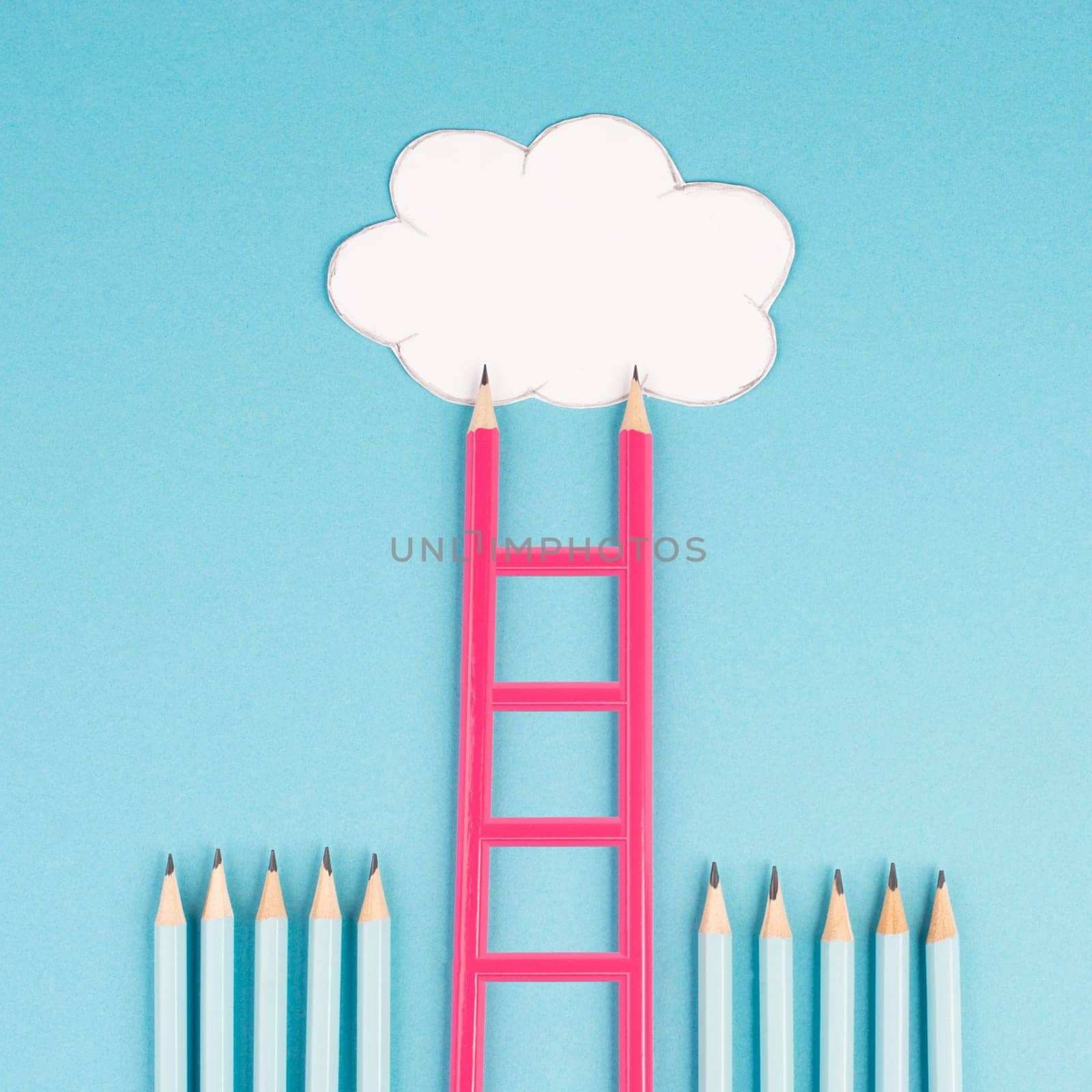 Ladder of success build with pencils, opportunity strategy, blue background, copy space for text, step by step concept, progress in business and education, have a goal