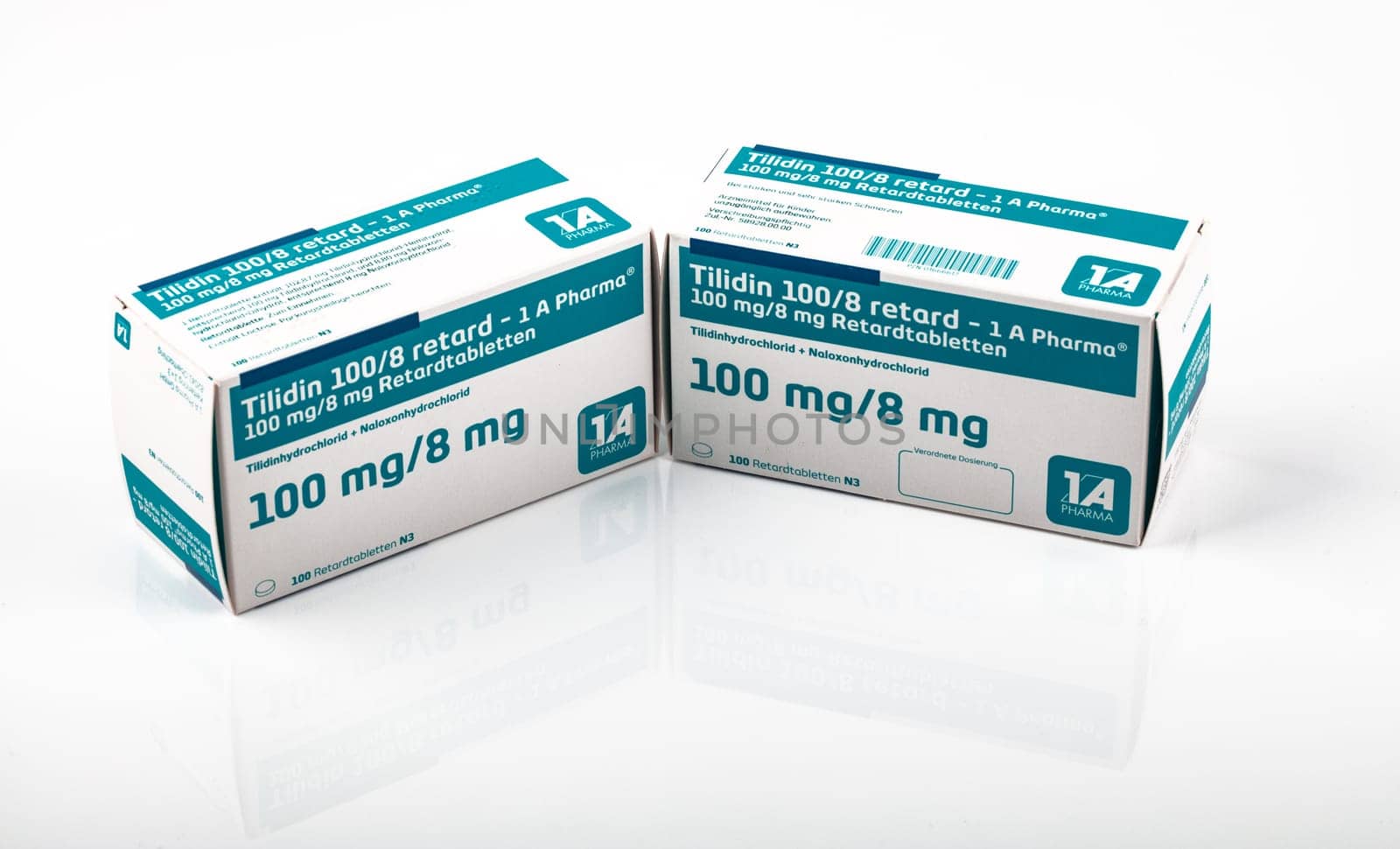 WETZLAR, GERMANY 2022-04-21: Boxes of TILIDIN Painkiller Medicine. Tilidin is a pain-relieving drug from the group of opioids.
