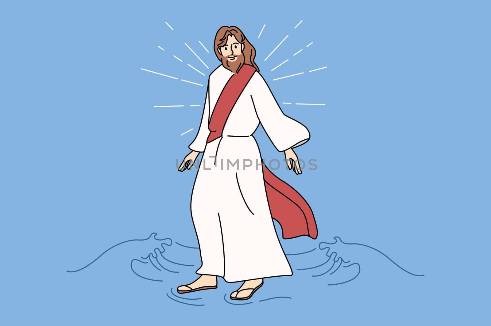 Jesus Christ walking water. Biblical story of messiah walks on water surface. Religion and faith. Christianity. Flat vector illustration.