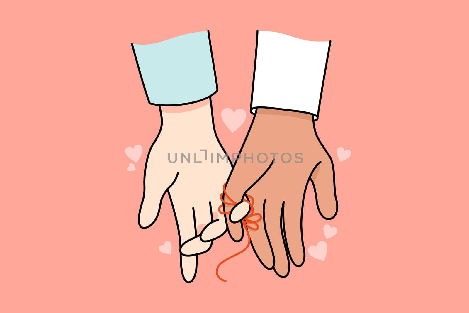 Multiracial couple hands linked with thread