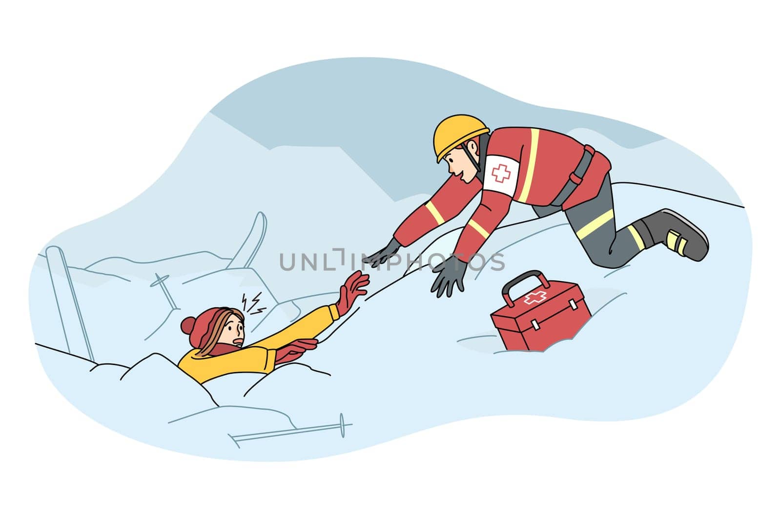 Lifesaver helping skier buried in avalanche after severe snowstorm. Rescuer find people in snow at ski resort. Lifesaving and rescuing operation. Flat vector illustration.