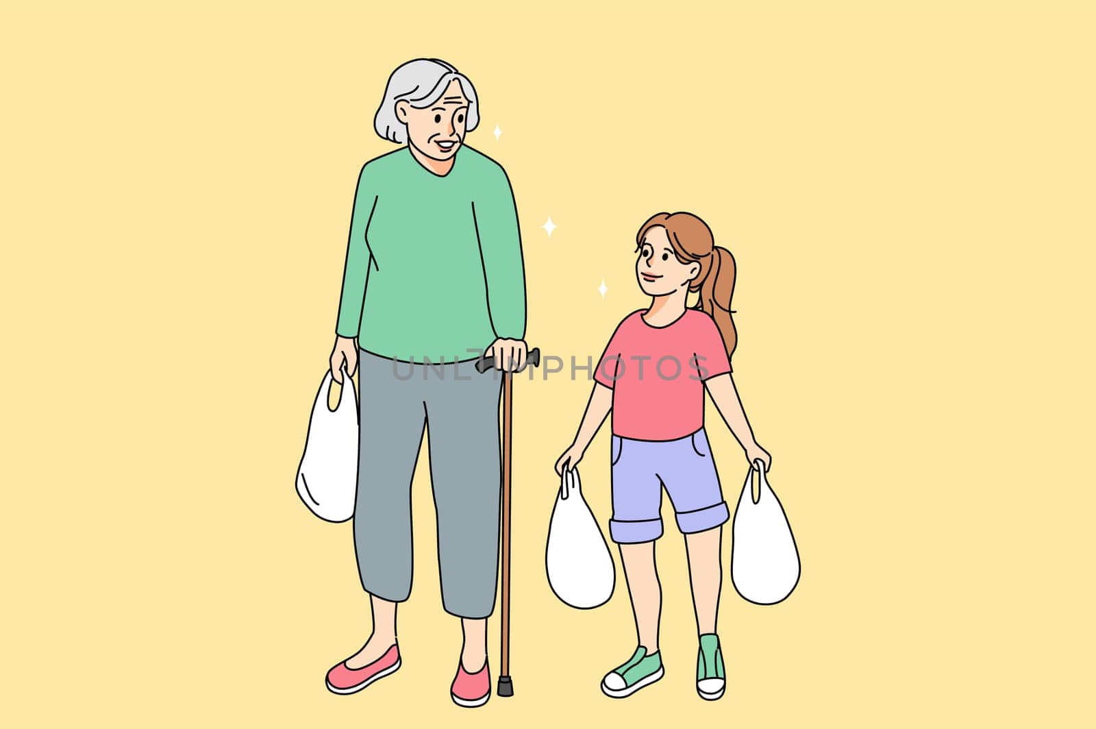 Teen girl carry bags helping elderly woman with grocery shopping. Kind caring granddaughter hold products help old grandmother with heavy packages. Older and younger generation. Vector illustration.