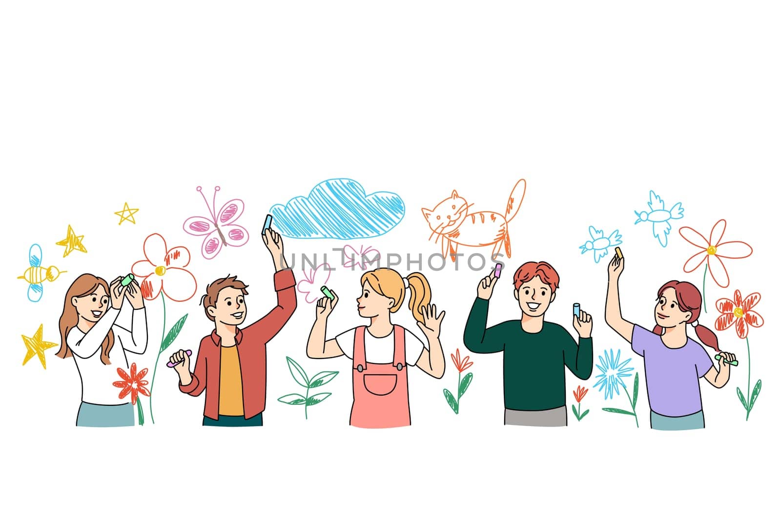 Diverse smiling small kids have fun drawing on white wall with chalks and pencils together. Happy boys and girls children enjoy leisure activity involved in painting. Art and hobby concept.