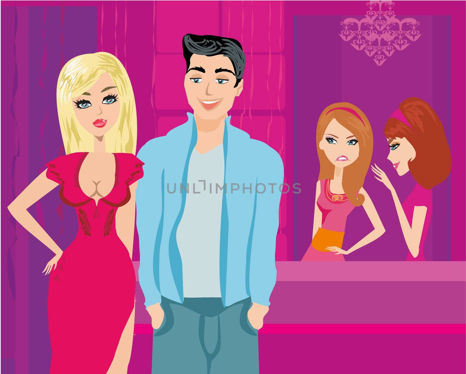 girls gossiping about a pair of lovers