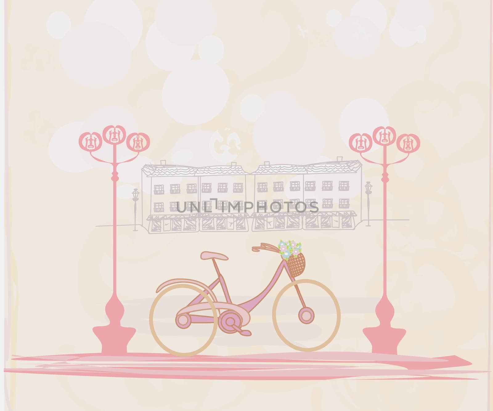 Pink Retro Bicycle with Flowers over City - card