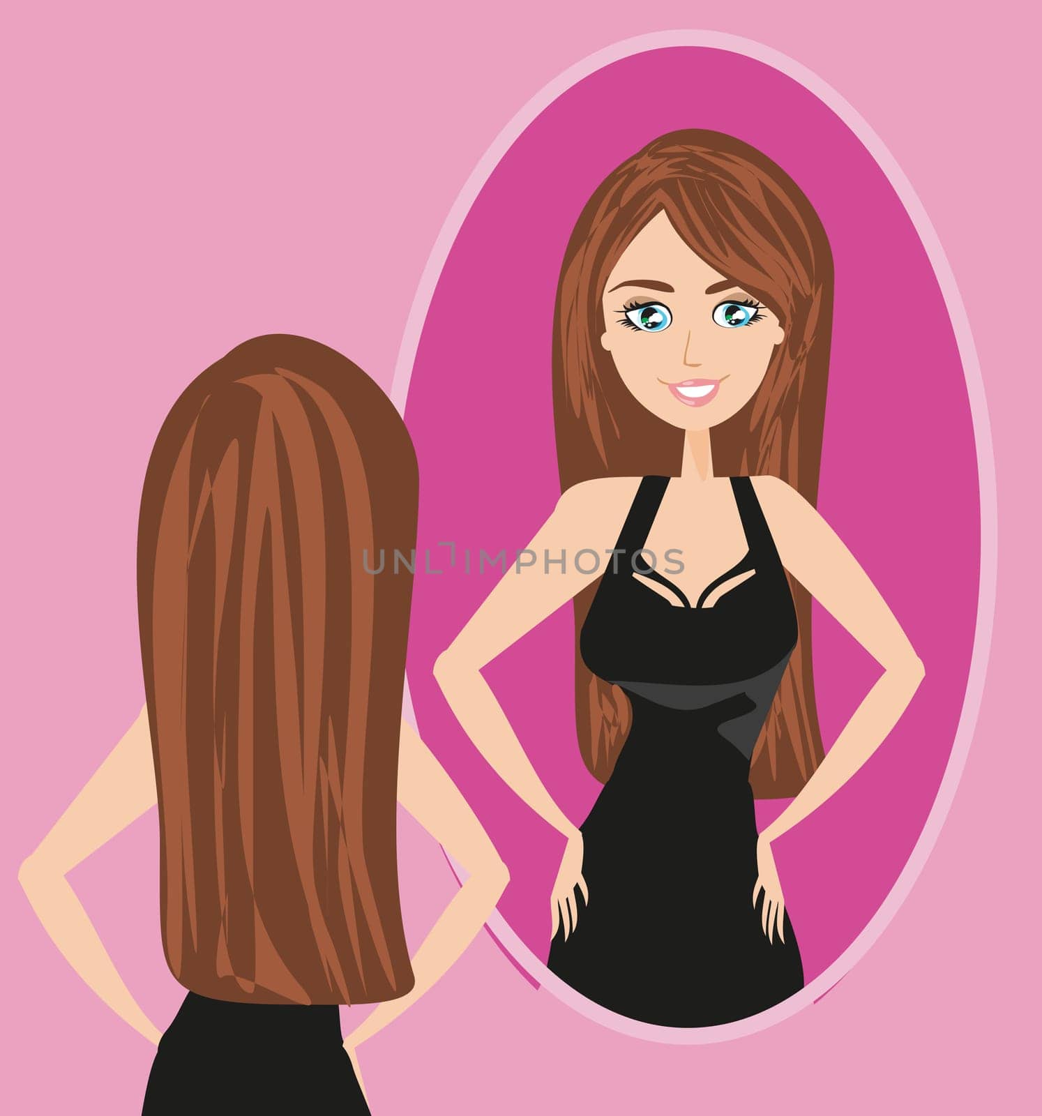 Slim girl is looking at herself in the mirror