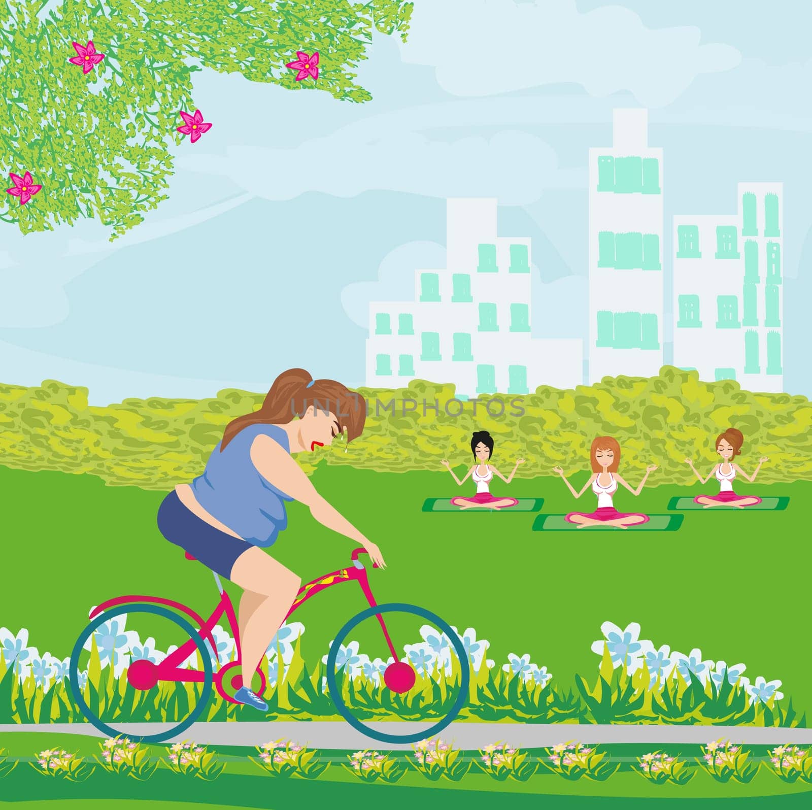 Overweight woman ride on bike