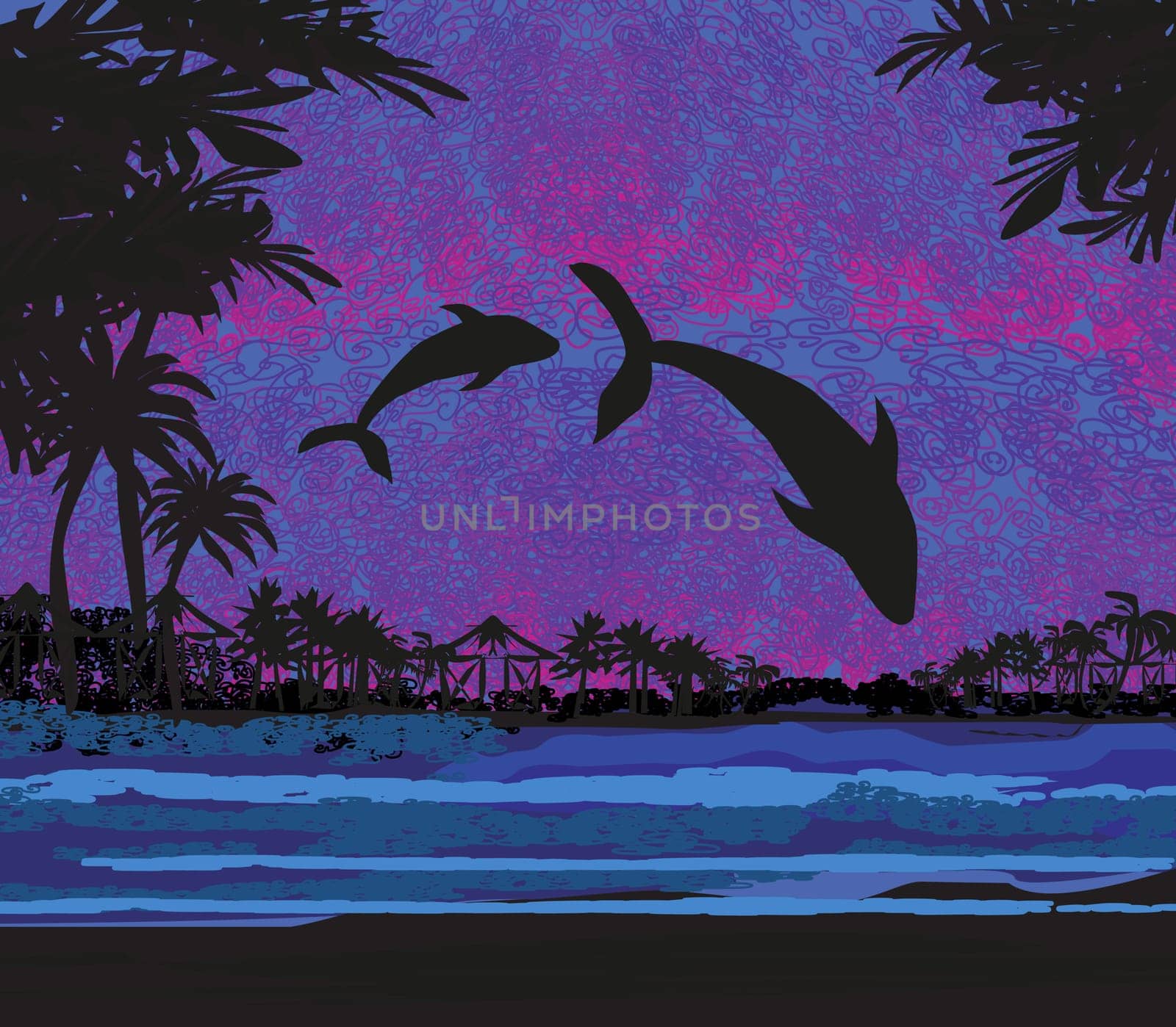 Silhouette of two dolphins jumping out of water in the ocean
