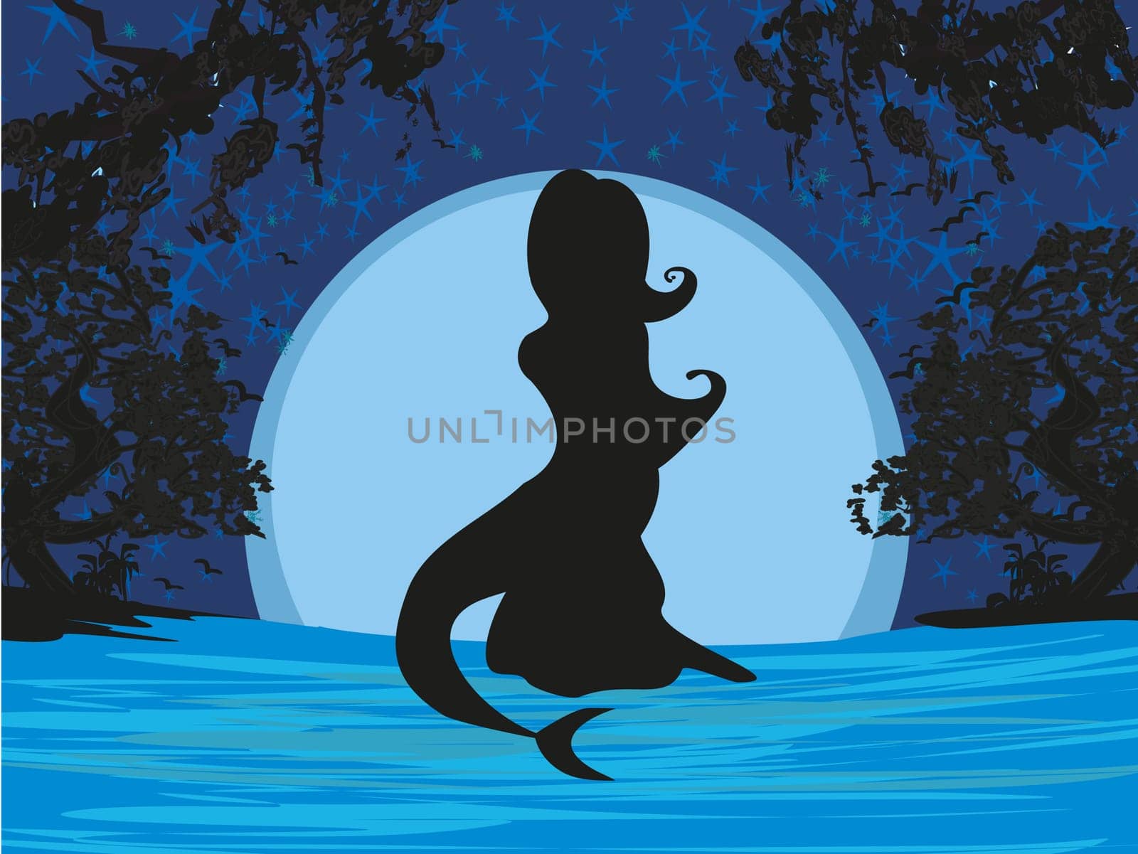 Mermaid silhouette against the night landscape