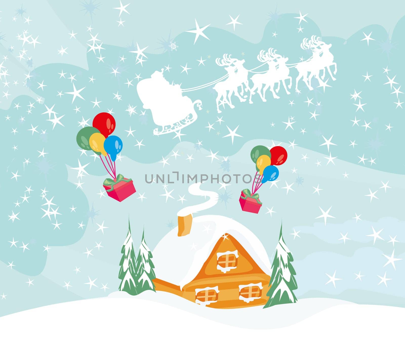 Happy New year card with Santa throws gifts