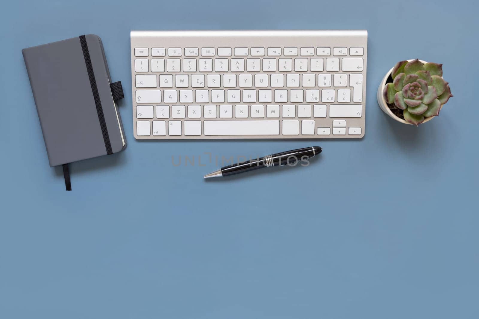 Modern office desktop with keyboard, planner and plant on blue top view. Smark working at home. Mockup