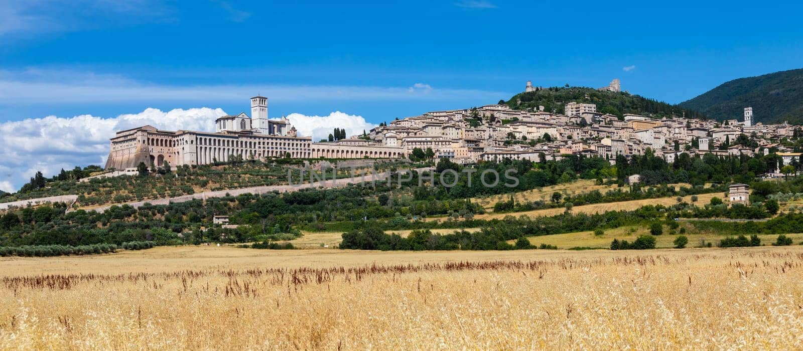 Assisi village in Umbria region, Italy. The town is famous for the most important Italian St. Francis Basilica (Basilica di San Francesco)