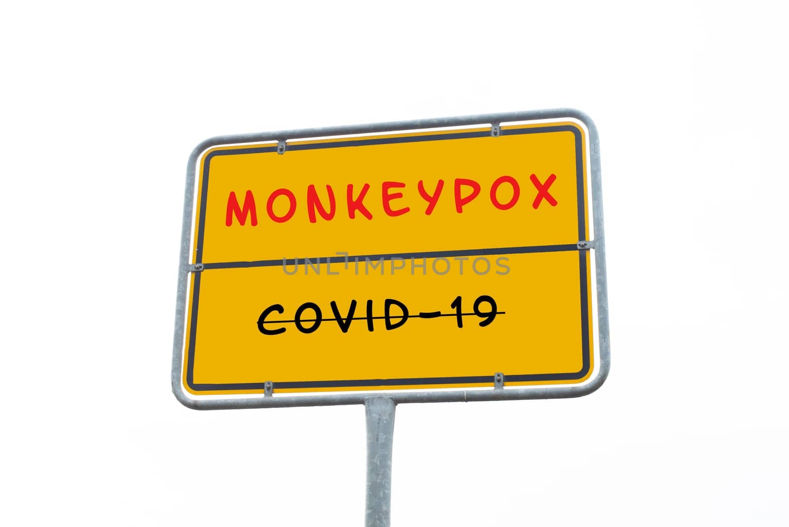 The word monkeypox is standing on a sign, outbreak of the MPXV virus, infectious disease spreading, Covid-19 pandemic is crossed out