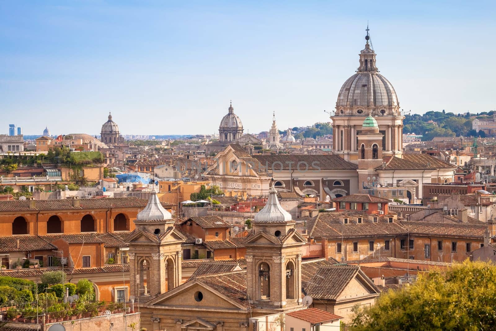 ROME, ITALY- CIRCA AUGUST 2020: panoramic cityscape with blue sky and clouds