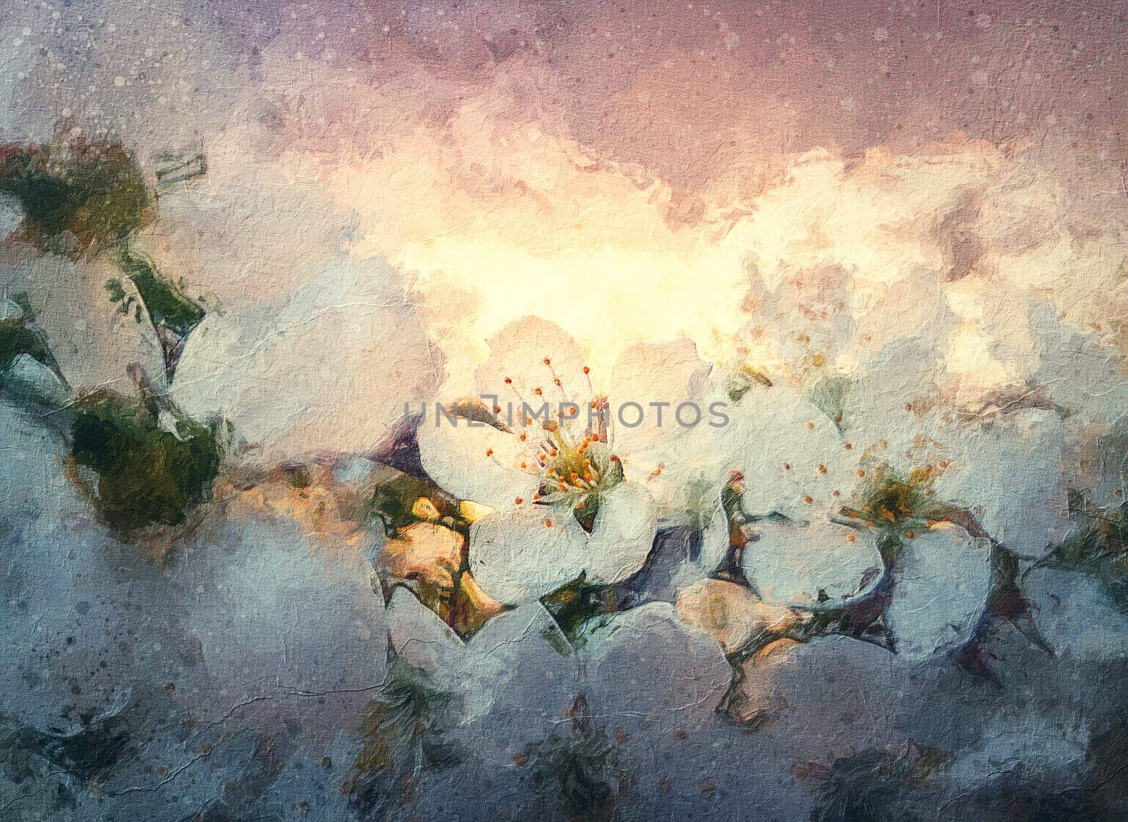 Blooming cherry tree painting. Closeup flower blossoms over sunset background. Seasonal spring beauty