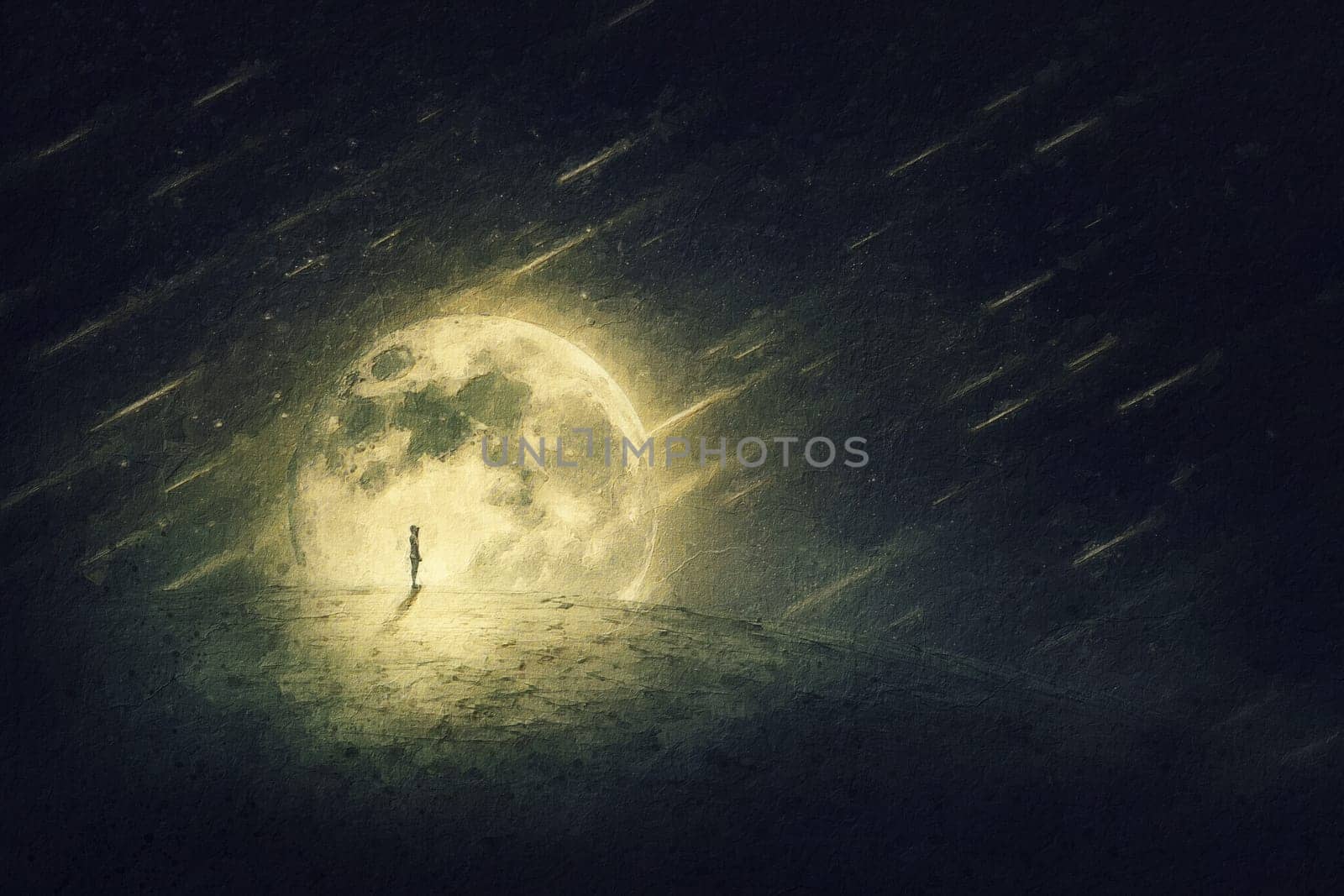 Starfall painting of a surreal world and a person silhouette on a desolate land. Starry night with falling comets and full moon