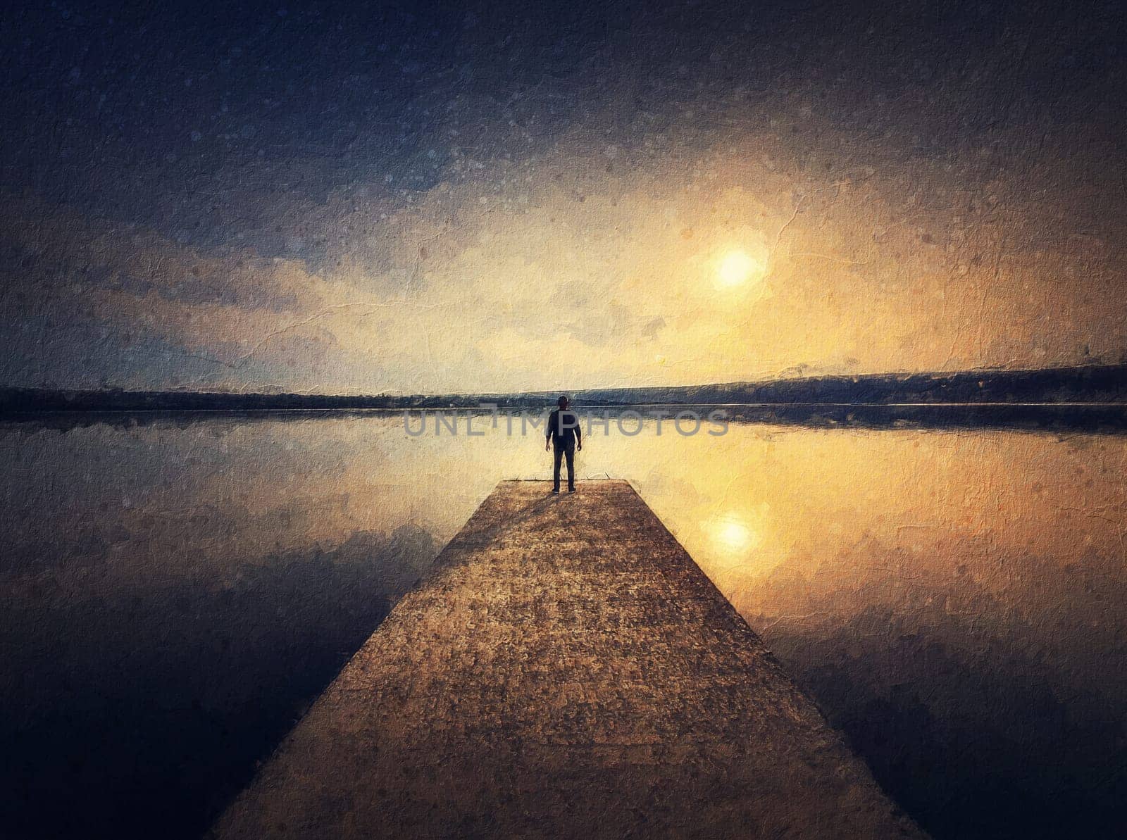 Painting of a man standing alone on the pier facing the sunset reflected on the calm lake water. Scenic view with a lonely person on the dock looking at the horizon