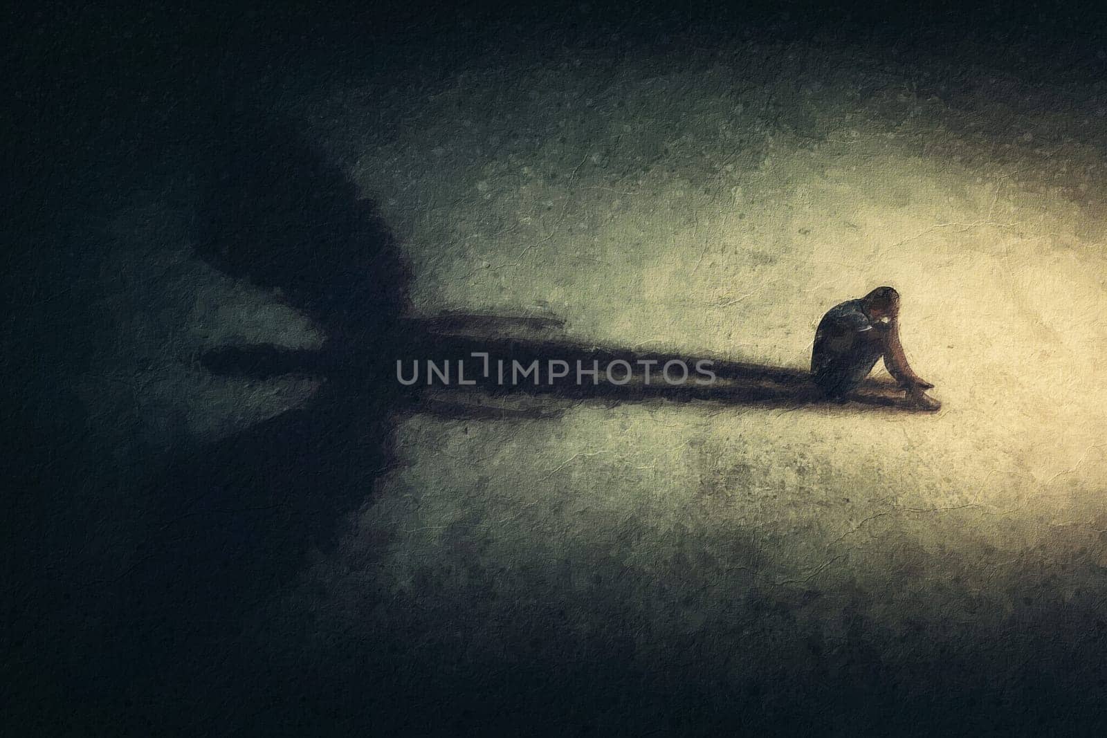 Surreal painting of a man sitting alone isolated in a dark room, casting a shadow of a powerful guardian angel. Inner strength metaphor. Introvert person found an imaginary friend