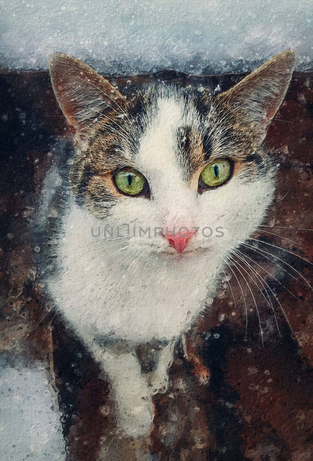 Cat portrait painting. Close up kitten outdoor sheltering from snow. Beautiful kitty face, marvelous eyes. Pet outside, snowing winter season scene