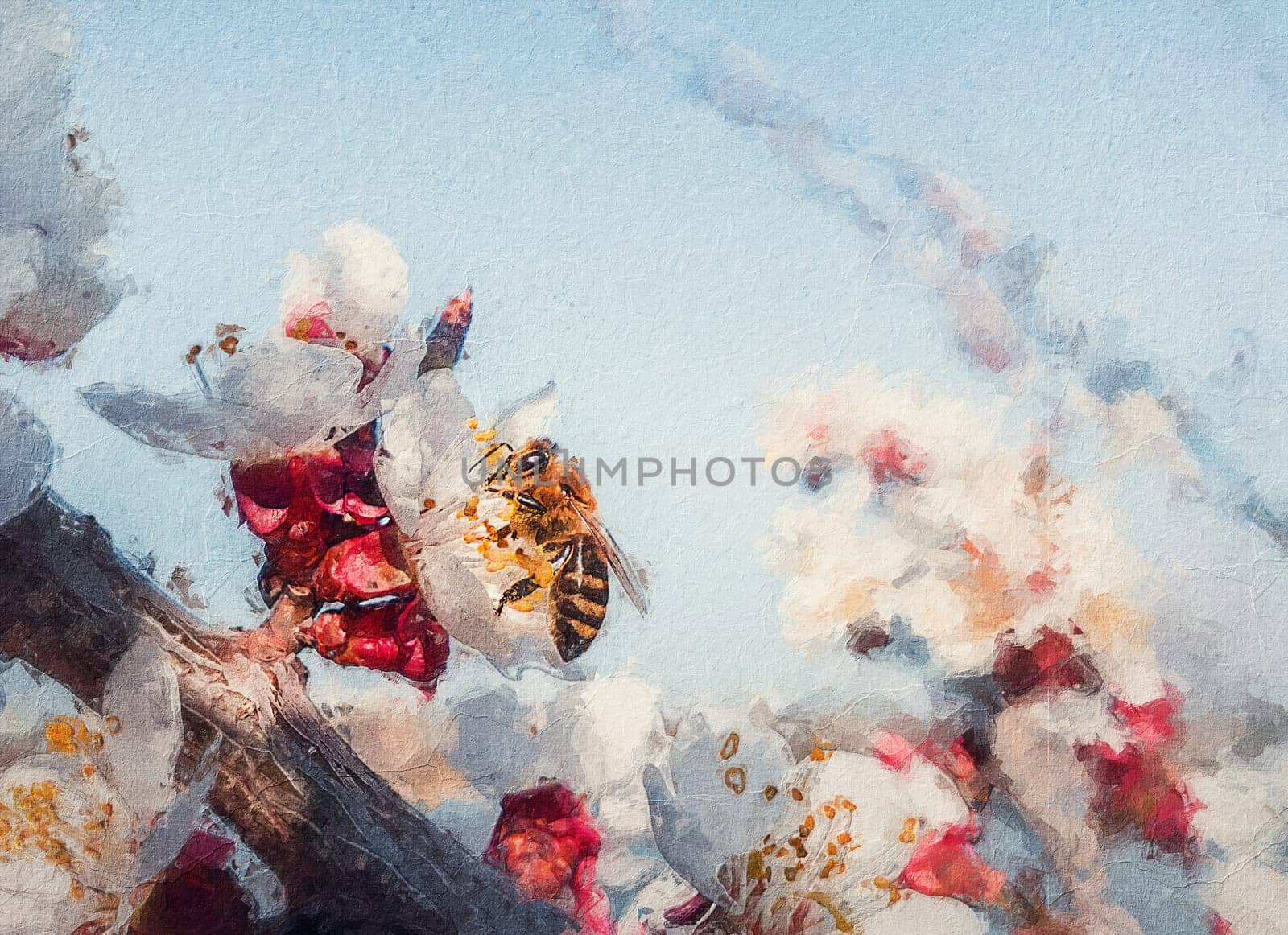 Painting of a bee collecting flower pollen. Closeup honeybee and a blooming apricot tree. Spring season scene