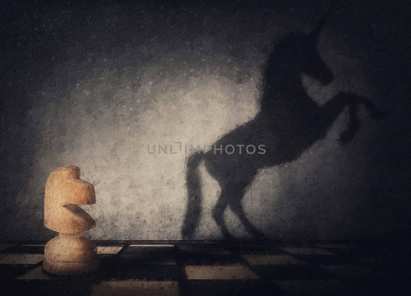 Surreal painting of a chess knight transforming into a wild and powerful unicorn. Motivation and self confidence metaphor, overcoming obstacles and achieving success. Leadership and freedom concept
