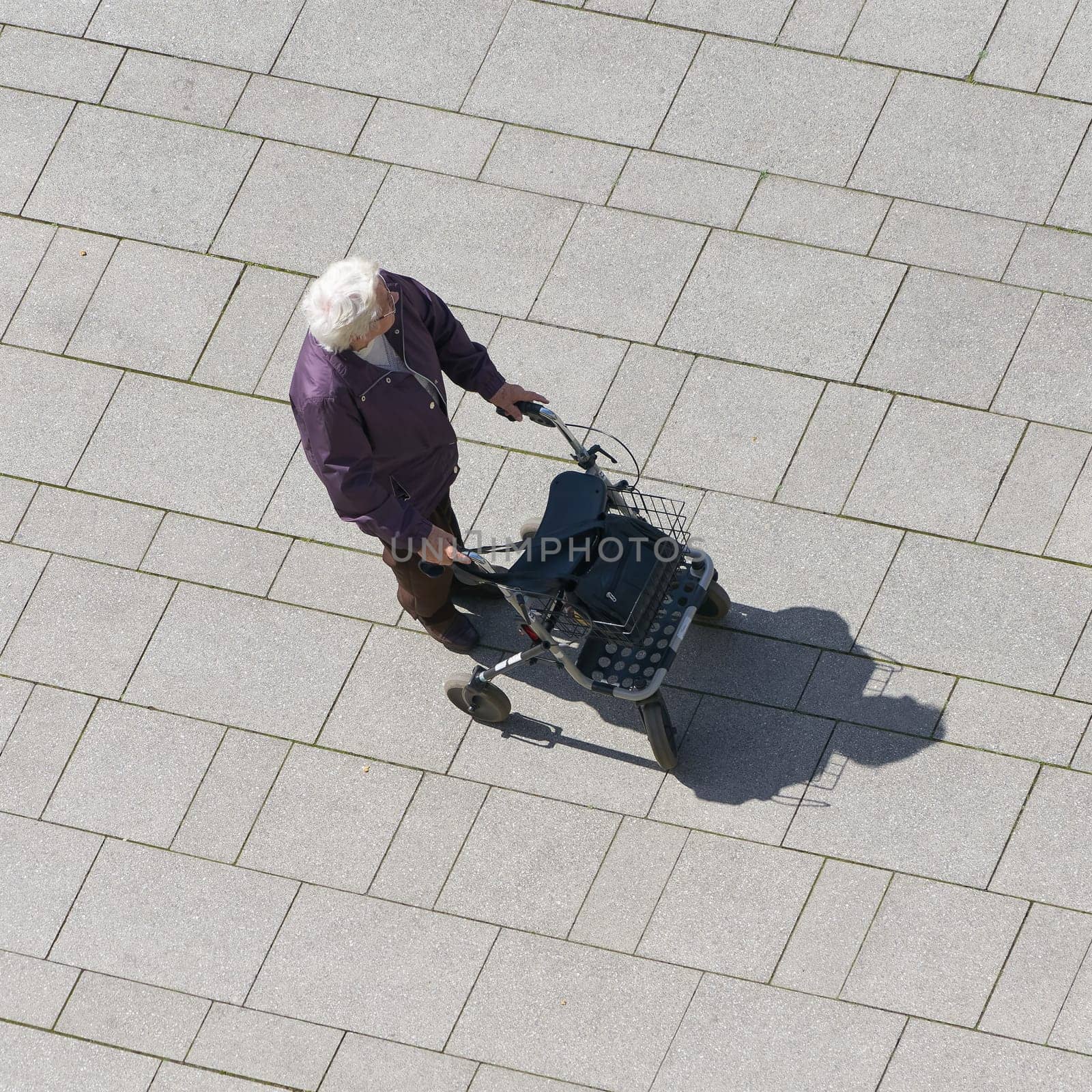 an old woman with a walker walking through the city