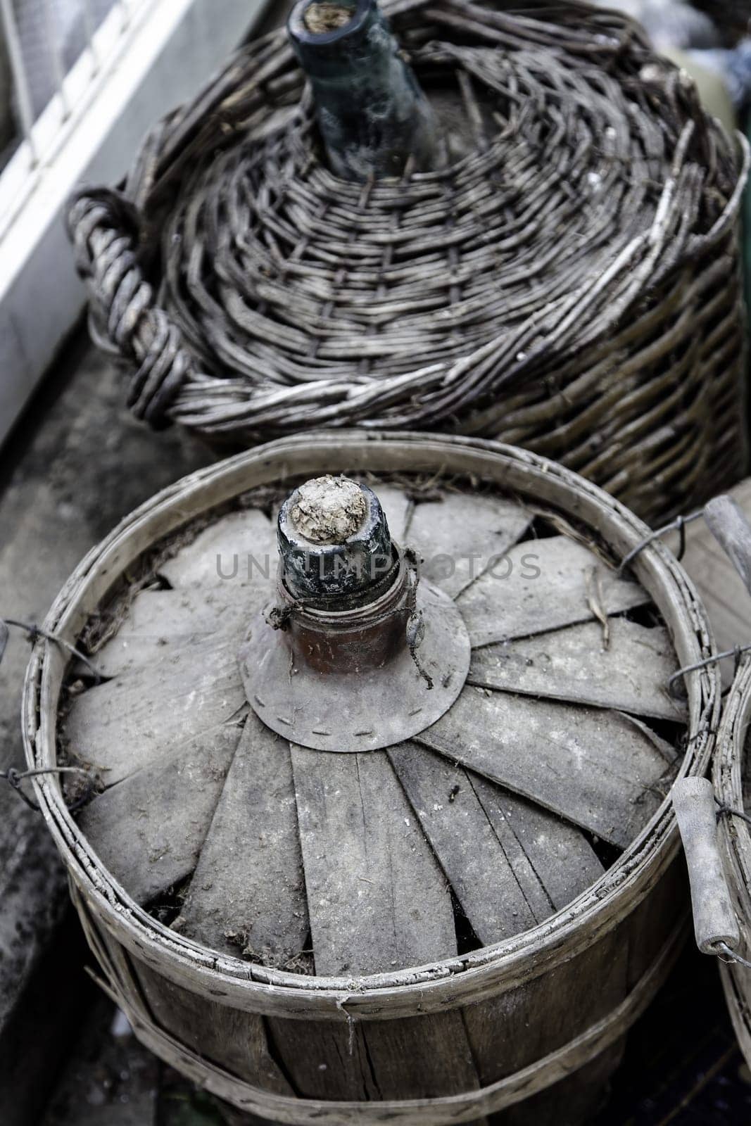 Detail of old and dirty containers to store wine