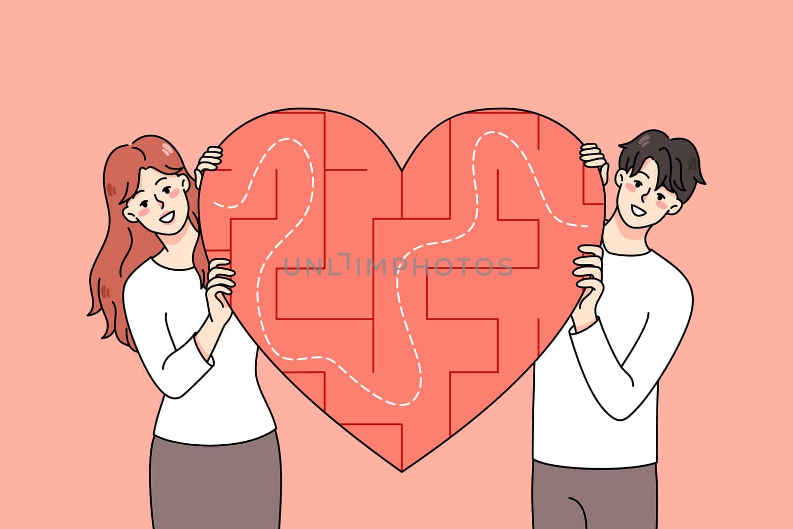 Happy young couple with heart symbol with labyrinth inside search love. Smiling man and woman look for relationships. Dating application and service. Flat vector illustration.