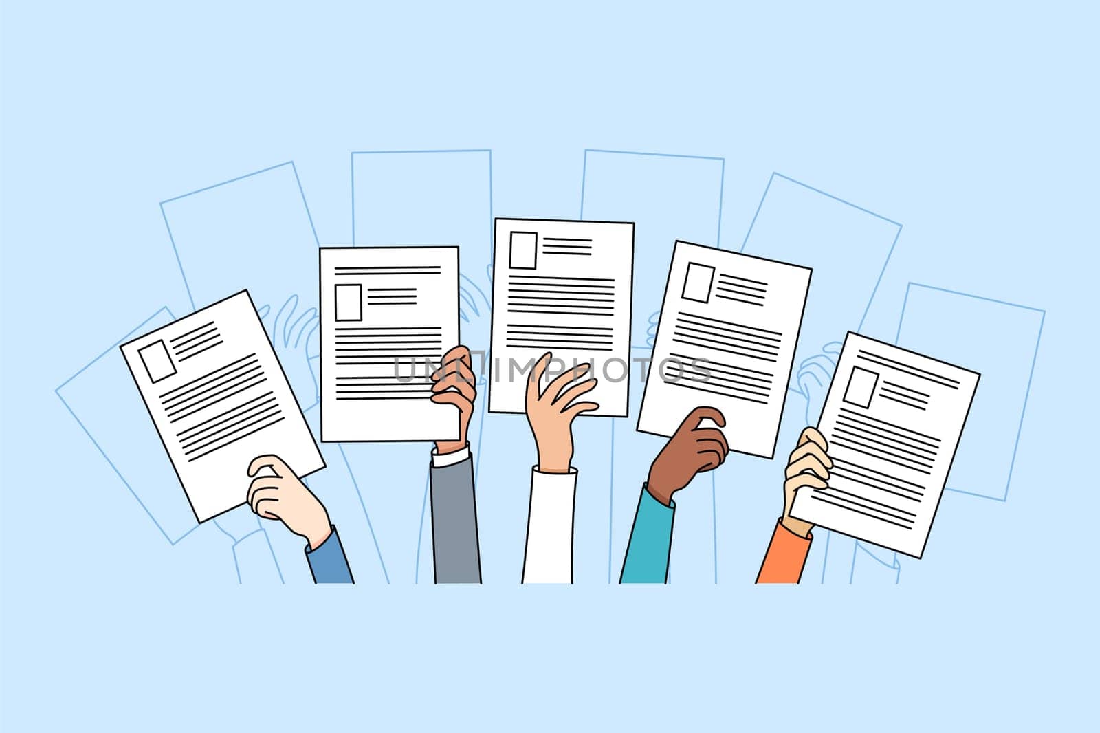 Diverse people hands raise up holding resume or CV offer candidacy at open position. Applicants or candidate apply for job. Employment and competition. Hiring and hr. Vector illustration.