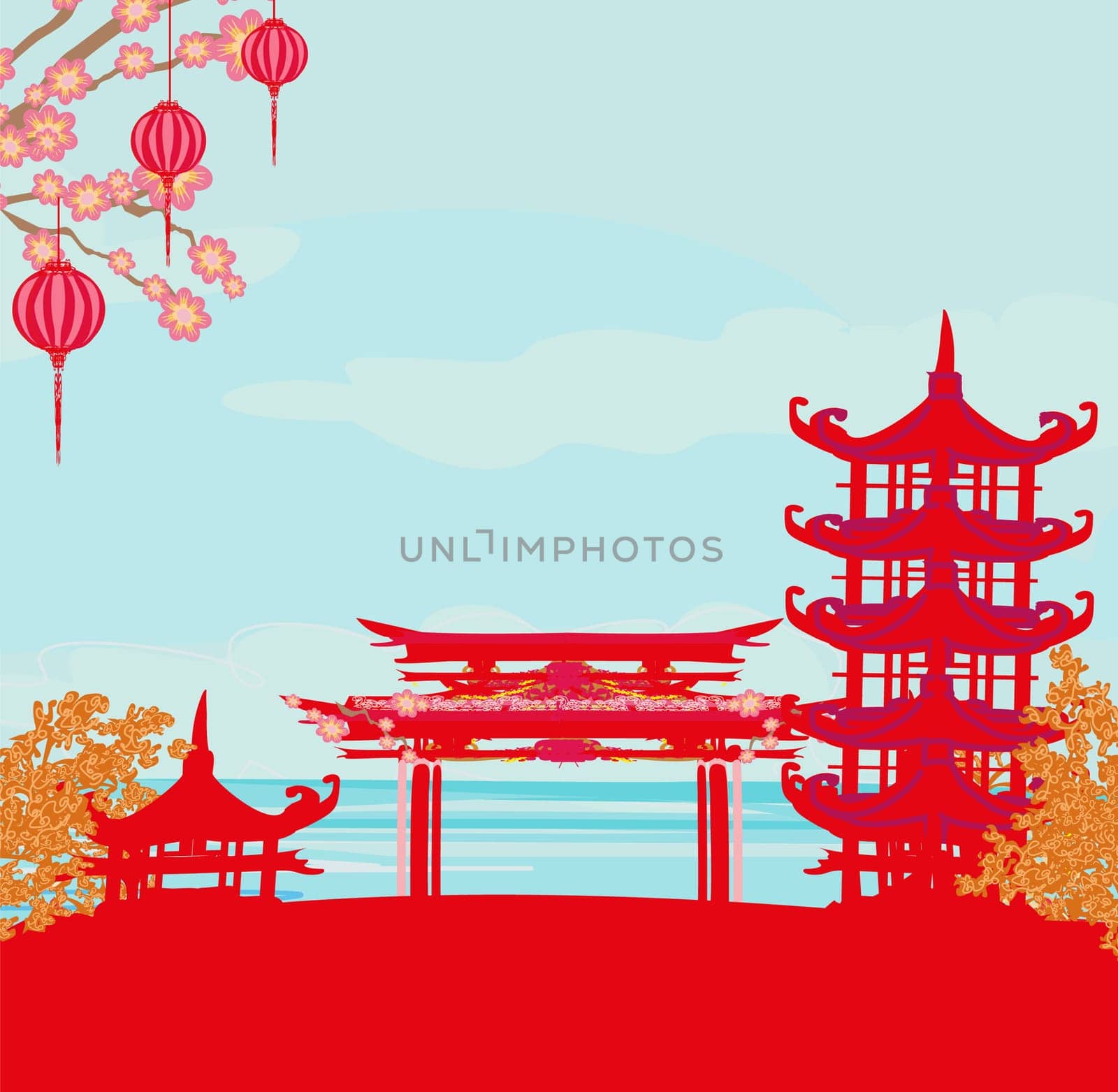 beautiful abstract asian landscape - silhouette illustration