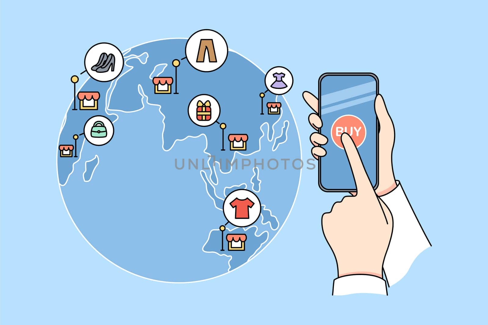 Person hold cellphone shopping online around the world. Client or buyer use modern smartphone buy on internet with web application. Technology concept. Vector illustration.
