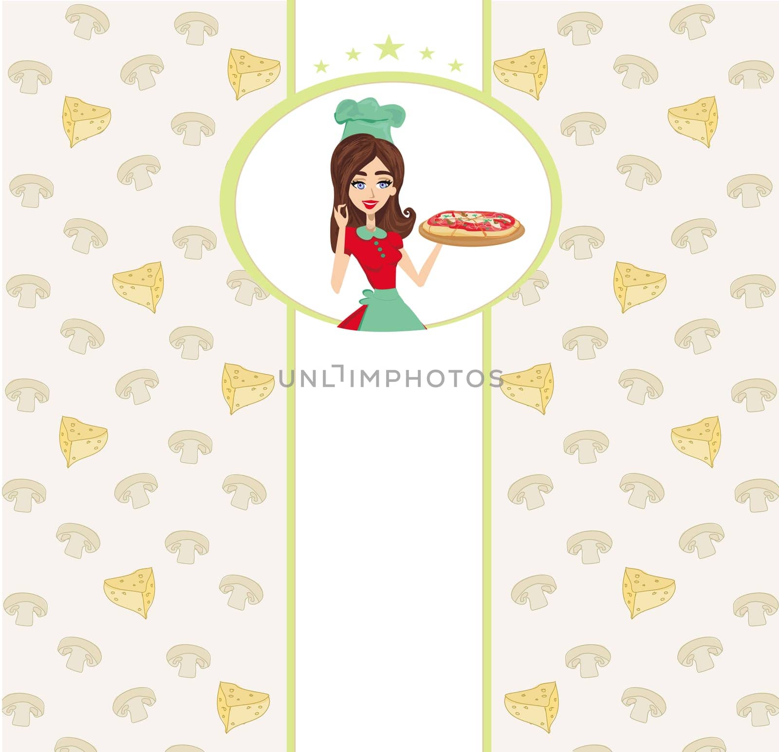 smiling waitress serving pizza, place for your text